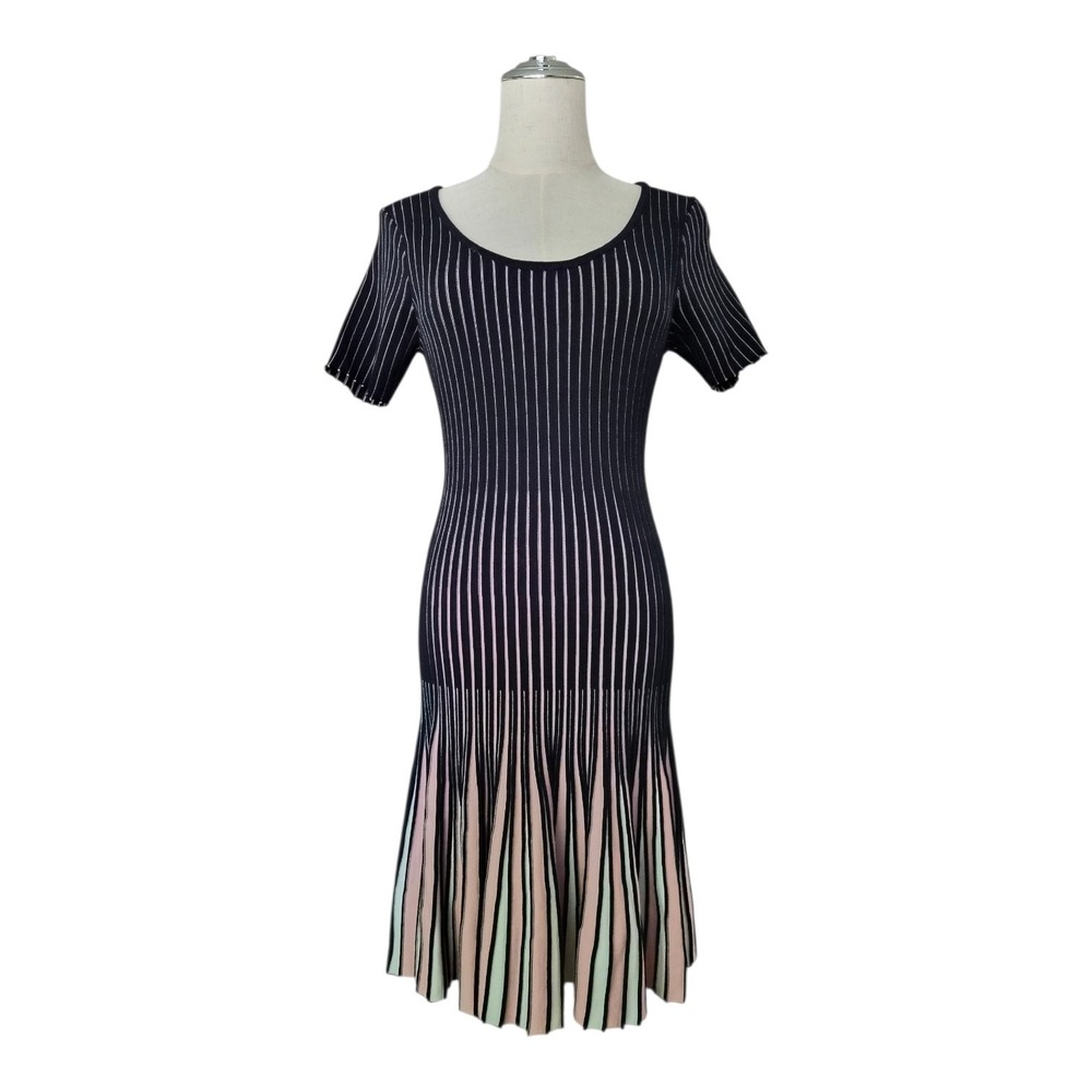 Milly Ribbed Knit Fit & Flare Dress Medium Navy Pink Stripe Scoop Neck Preppy